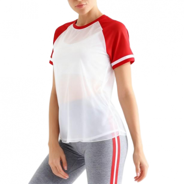 Women's Red and White Raglan Sleeve Mesh T-Shirt with Grey Striped Leggings