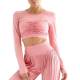 Women's Pink Ruched Long-Sleeve Crop Top and Pleated Flared Pants Set