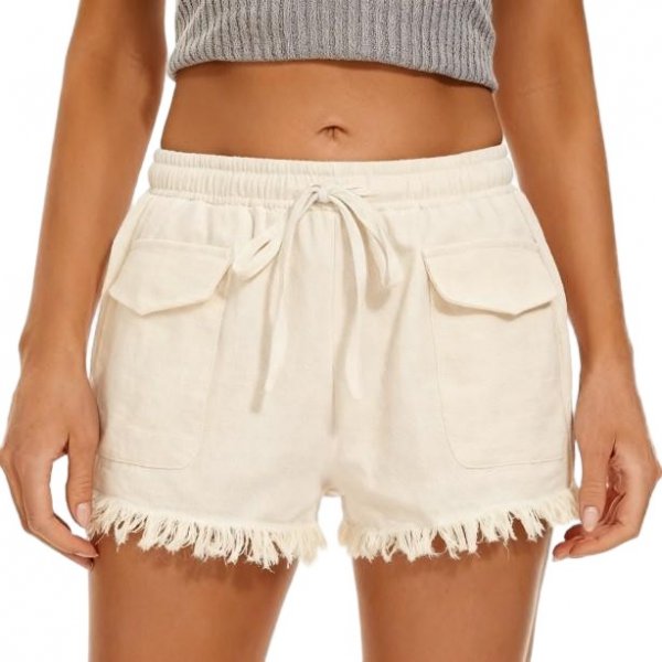 Women's Beige Linen Shorts with Frayed Hem and Pockets