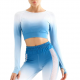 Women's Blue Ombre Long-Sleeve Crop Top and Mesh-Panel Leggings Set