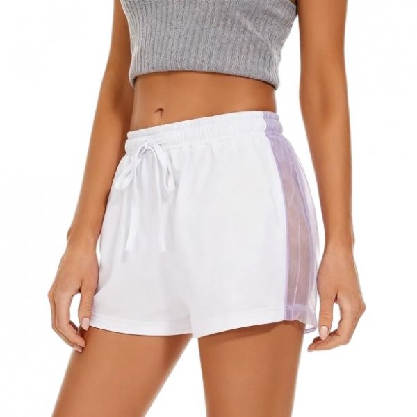 Women's White Shorts with Sheer Purple Mesh Side Panels