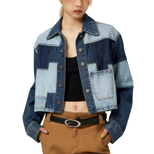 Blue Patchwork Cropped Denim Jacket