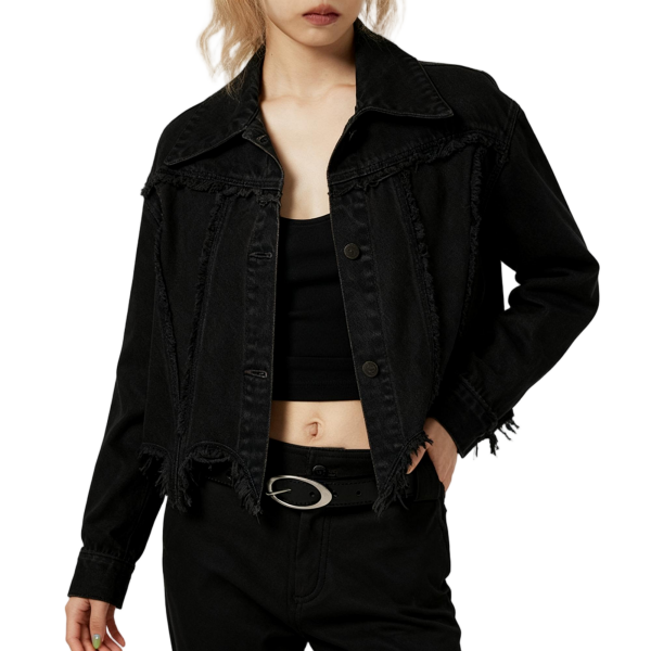 Black Fringed Cropped Denim Jacket