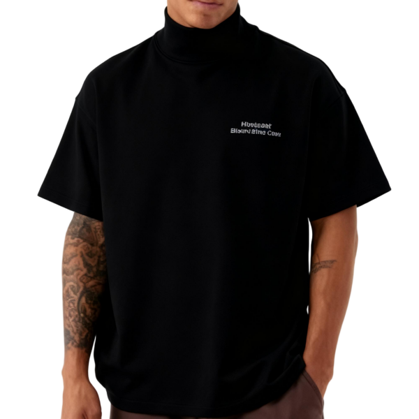 Black Turtleneck Minimalist Text Print T-Shirt