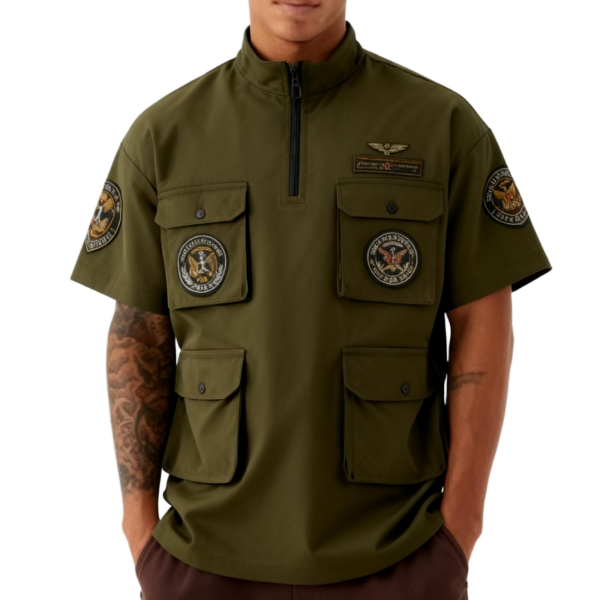 Olive Green Cargo Patch Half-Zip Short-Sleeve Shirt