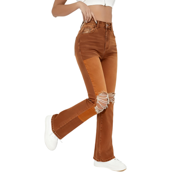 Brown Two-Tone Ripped Flared Jeans