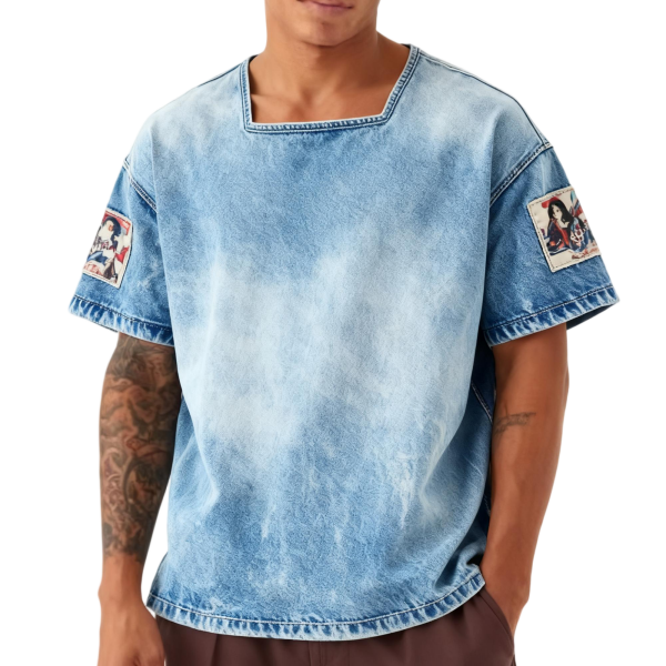 Light Blue Denim-Wash Patch Detail Oversized T-Shirt