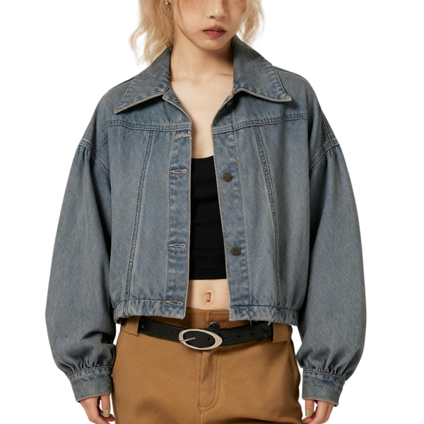 Light Blue Puff-Sleeve Cropped Denim Jacket
