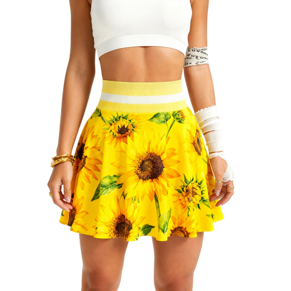 Yellow Sunflower Print Flared Mini Skirt