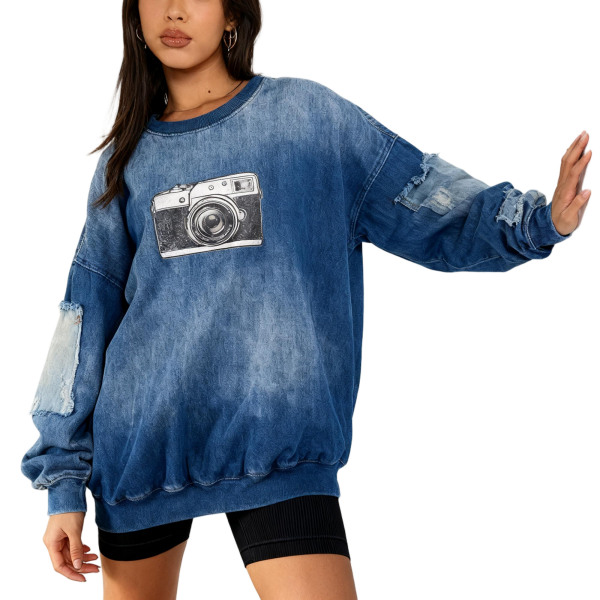 Blue Denim-Wash Camera Graphic Distressed Sweatshirt
