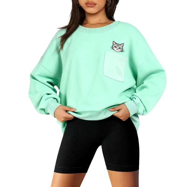 Mint Green Cat Embroidery Pocket Oversized Sweatshirt