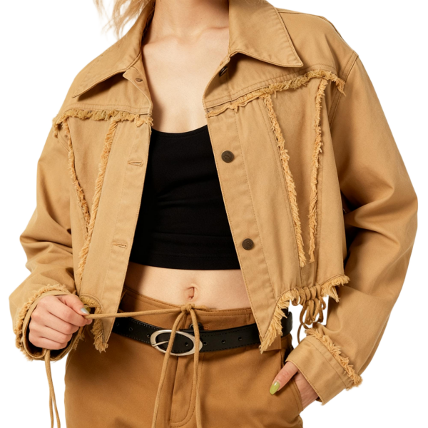 Tan Fringed Drawstring Cropped Jacket