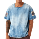 Light Blue Denim-Wash Patch Detail Oversized T-Shirt