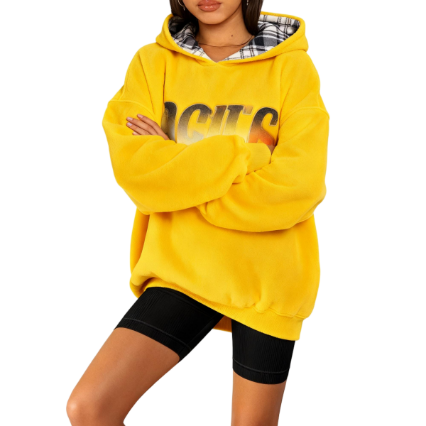 Yellow Plaid-Lined Letter Print Oversized Hoodie