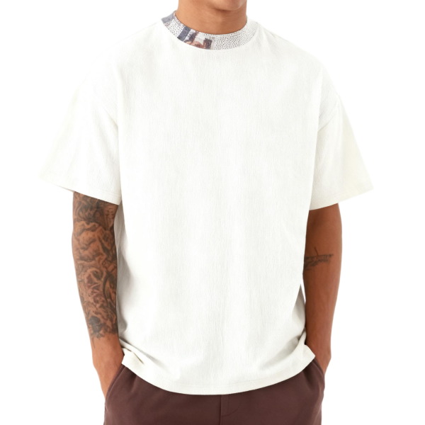 White Textured Collar-Detail Oversized T-Shirt
