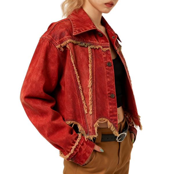 Red Acid-Wash Fringed Cropped Denim Jacket