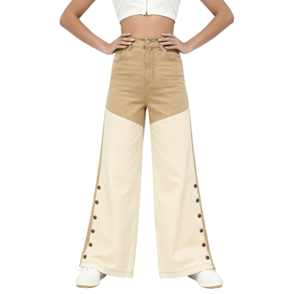 Beige & Tan Color-Block Button-Detail Wide-Leg Pants