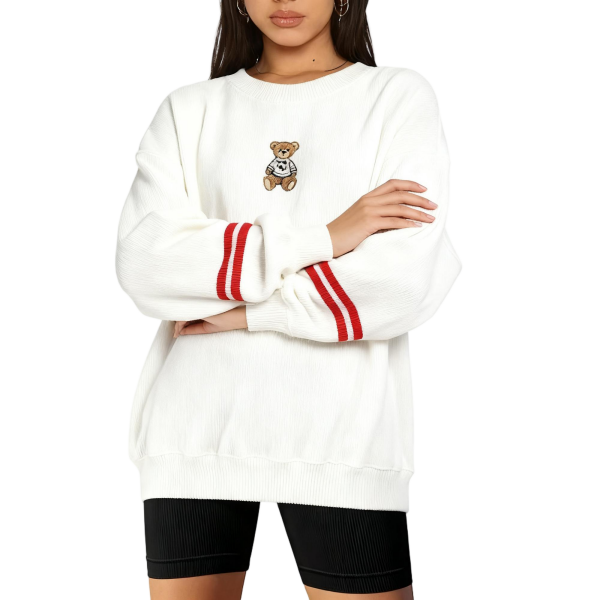 White Teddy Bear Embroidery Striped-Cuff Oversized Sweatshirt