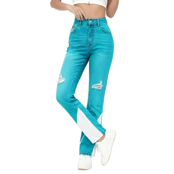 Turquoise & White Ripped Straight-Leg Jeans