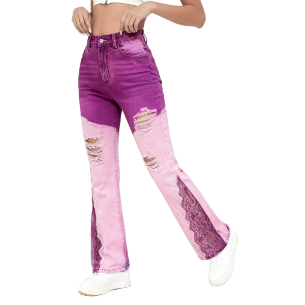 Purple & Pink Ripped Lace-Panel Flared Jeans