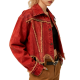 Red Acid-Wash Fringed Cropped Denim Jacket