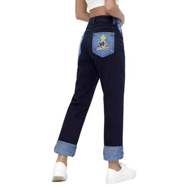 Dark Blue Cartoon Graphic Cuffed Straight-Leg Jeans