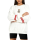 White Teddy Bear Embroidery Striped-Cuff Oversized Sweatshirt