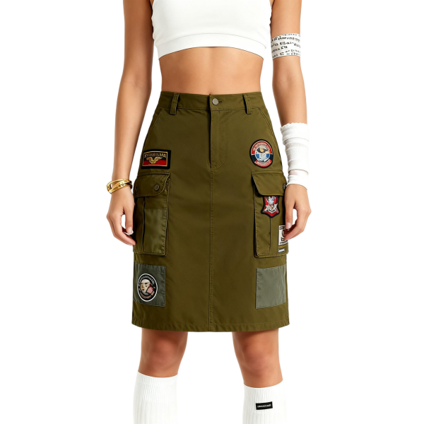 Olive Green Cargo Patchwork Mini Skirt